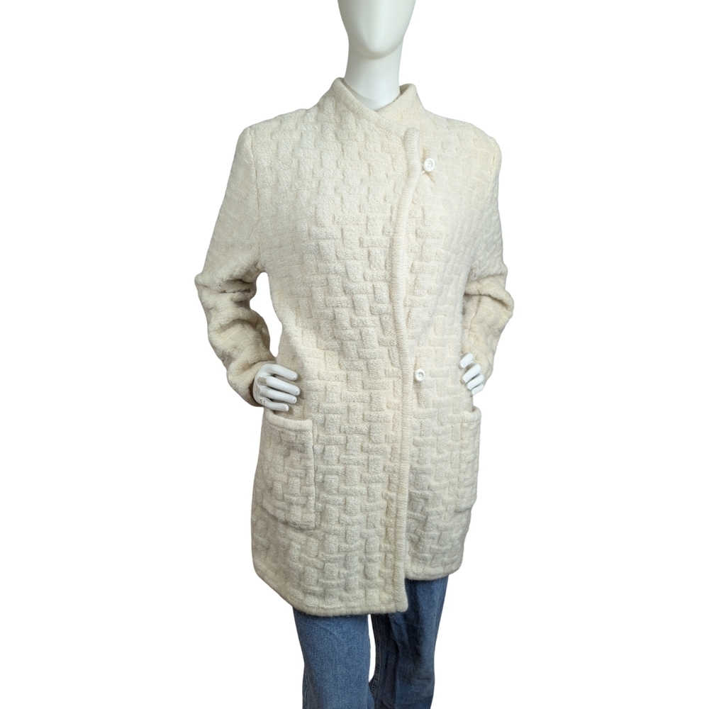 Vintage Cream Textured Wool Cardigan/Coat | Minimalist Knit Jacket